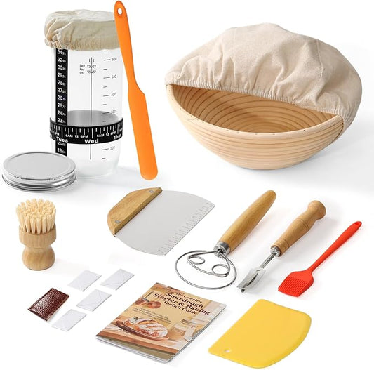 Complete Bread Proofing Basket Kit | All-in-One Set with Banneton(9 in), Sourdough Starter Jar Kit, Bread Lame, Dough Scraper, Whisk, Cutter & Tools