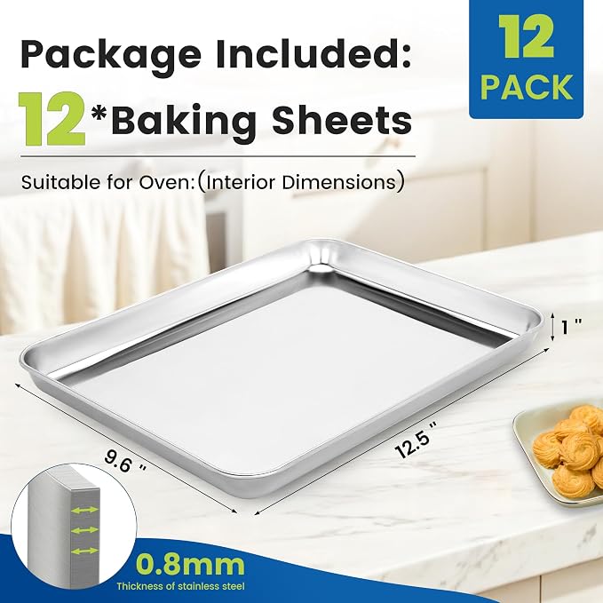 BIEAMA 12 Pack Stainless Steel Toaster Oven Baking Sheets, 12.5 x 9.6 in | Stainless steel pans with no chemical coating, mirror-polished finish and rolled edges; dishwasher safe, oven safe to 500°F.