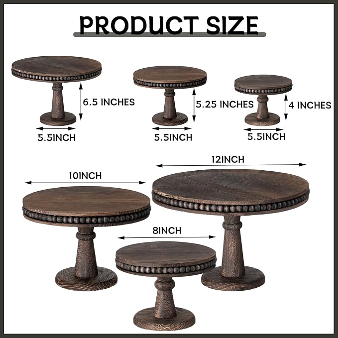 AceOrbit 3 Pcs Round Wood Cake Stand Set Beaded Wooden Rustic Farmhouse Cupcake Pedestal Stand 8/10/12 Inch Dessert Display Serving Tray for Wedding Birthday Decoration Party Restaurants