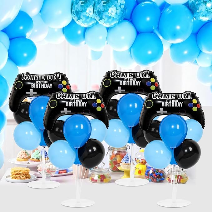 4 Sets Video Game Birthday Party Balloons Stand Kit with Game Handle Foil Balloons Black Blue Party Ball Balloon Centerpiece for Tables for Boy Girl Video Gamer Gaming Birthday Baby Shower Decoration