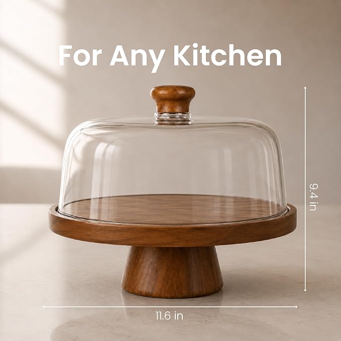 Acacia Wood Cake Stand with Lid Anti-Mold 12 Inch - 2-in-1 Wooden Charcuterie Board - Covered Dessert Plate with Acrylic Dome - Vintage Pastry Display -Tall Domed Serving Stand Platter - Brown