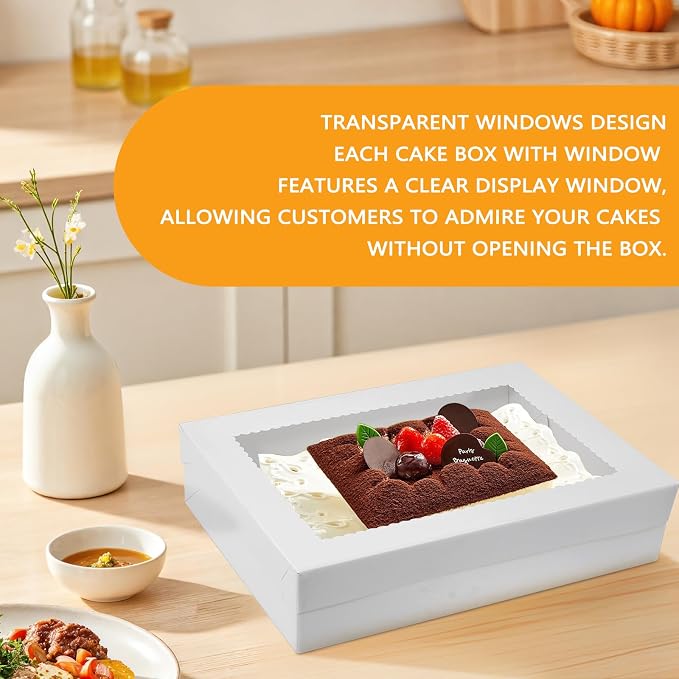 12pcs Cake Boxes with Cake Board, 14x10x4 Inches White Bakery Boxes with Large Window for Quarter Sheet Cakes, Donuts, Cupcakes, Pastry & Pies