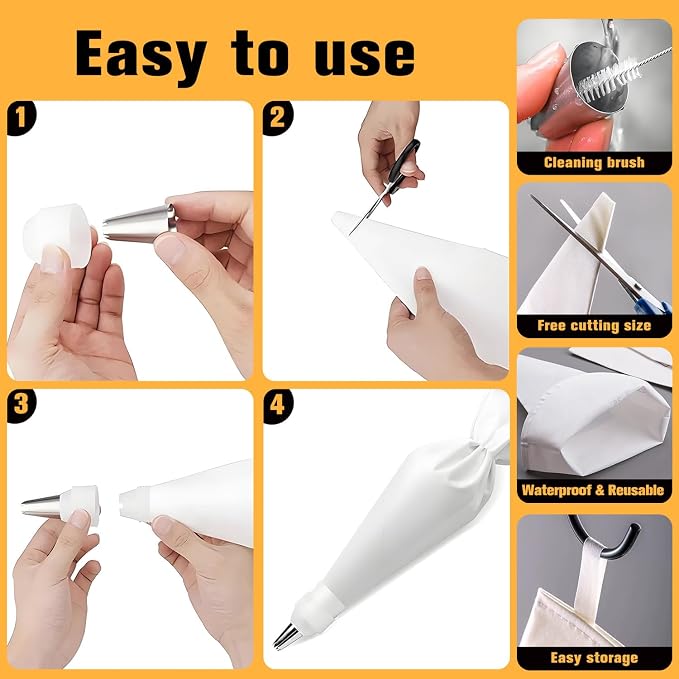14PCS Reusable Piping Bags and Tips Set – 2PCS 16-Inch Pastry Bags, 7 Piping Tips, 2 Couplers, 2 Silicone Rings & Cleaning Brush,for Cake Decorating, Cupcakes, Cookies, Home Bakers, Chefs