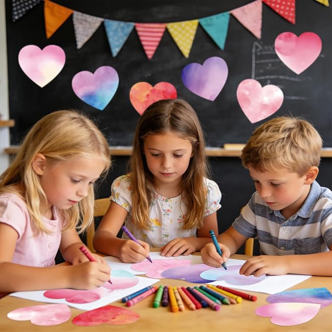 Vuzvuv 54Pcs 6In Watercolor Heart Paper Cutouts with 100Pcs Glue Points for Wall Bulletin Board Decorations, Heart Cut Out for Classroom, DIY Crafts & Party Banners