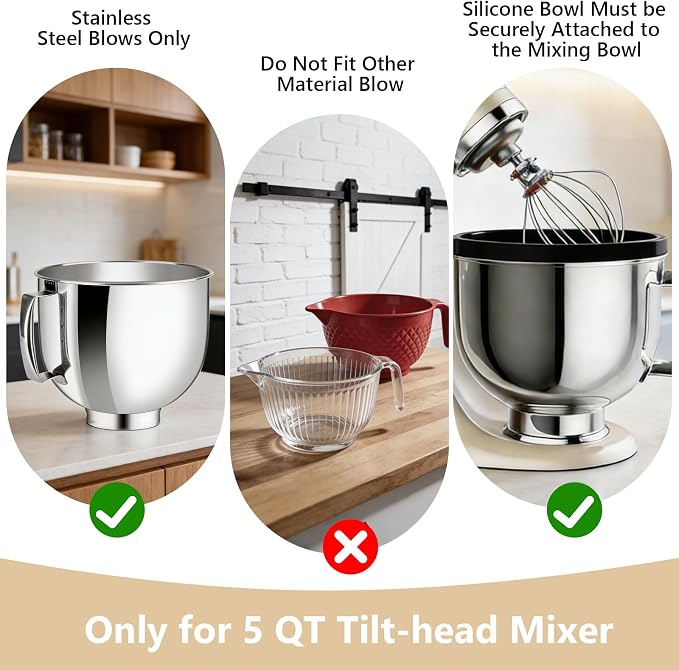 Silicone Mixing Bowl Liners Compatible with KitchenAid 5Qt Tilt-Head Stand Mixer, Food Grade Collapsible Bowl Inserts with Airtight Lids, Foldable & Reusable Mixer Accessories for Baking,Black