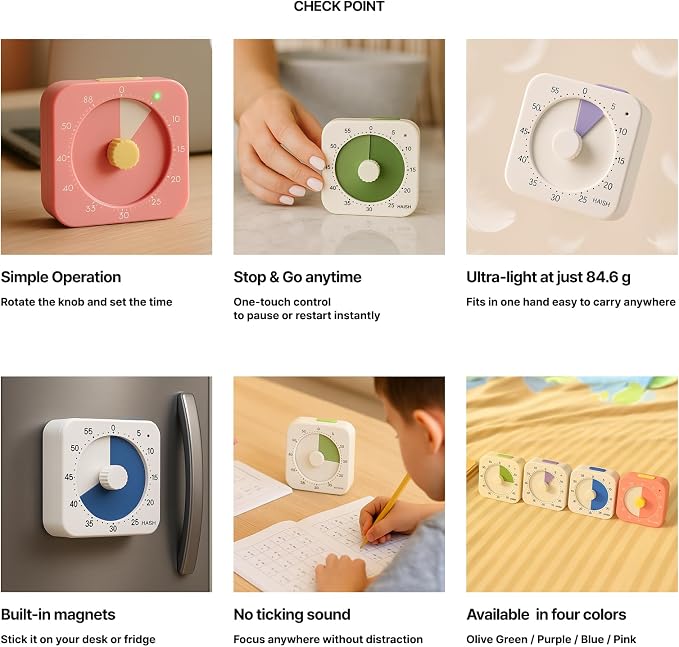 60 Minute Visual Timer for Kids - Premium Countdown Timer with Magnetic Back & Pause Function, Silent Operation for Classroom Teaching Home, Time Management Tool(Batteries Included) (Purple)