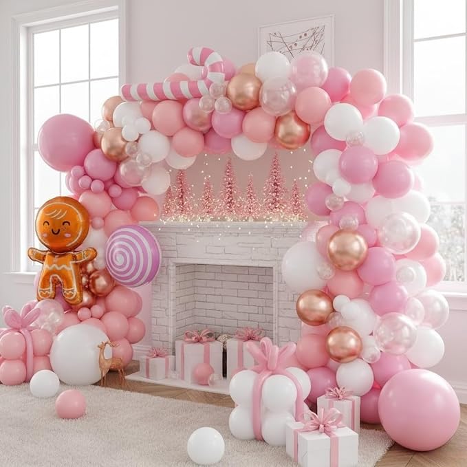 Pink Christmas Balloon Arch Kit, Pearl White Pink Rose Gold Balloons with Lollipop Candy Crutch Gingerbread Man Foil Balloons for Xmas Holiday Winter Birthday New Year Party Decorations