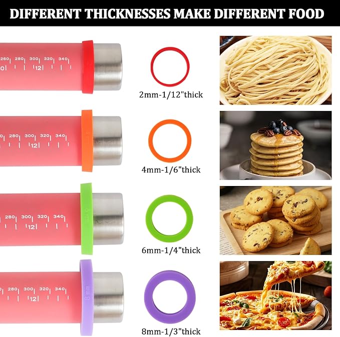 3 Pcs Adjustable Rolling Pin Set with Thickness Rings,15 Inch Silicone Rolling Pin for Dough,Non Stick Baking Roller for Cookies, Pizza, Pie Crust, Pastry, Fondant, Pasta, Kitchen Baking Tool