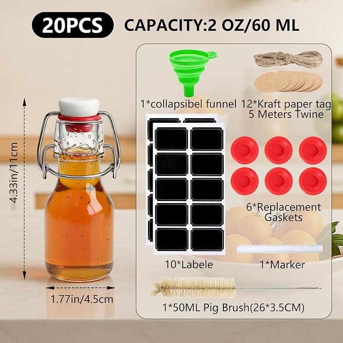 Ruckae 20 Pack 2oz Swing Top Glass Bottles,Flip Top Glass Bottle with Lids Sealable Kombucha Bottle for Brew Beer Syrup Vanilla Extract Air Tight Bottles for Gift (2 oz 20 pack)