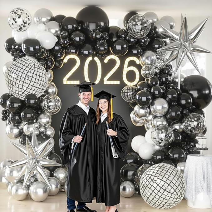 Black Silver Balloons Arch Garland Kit, Black Silver White Balloons Disco Ball Balloons Arch for Disco Party Birthday Graduation Anniversary Decorations