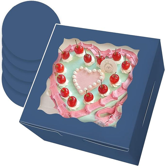 Bakepacker 36pcs 8x8x5 Inches Cake Boxes with Window 18-Packs Ink Blue 8 Inch Bakery Boxes (18 Cake Boxes +18 Cake Boards Included)