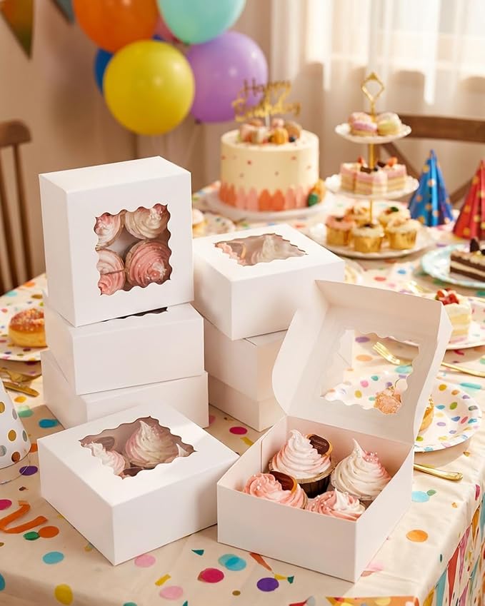 qiqee Auto-pop Up Cupcake Boxes with Window White 100PCS 4 Count Cupcake Box 6.3"x6.3"x3" Cupcakes Carrier, 4 Cupcake Containers