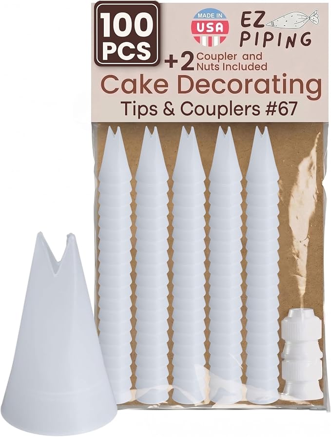 Reusable Plastic Piping Tips Standard Size Leaf Tip #67 100 Pack with 2 Couplers V-Cut Icing Nozzle for Cake Decoration, Dessert Design Baking Supplies & Piping Bags Base Ø 0.75"Height 1.25"
