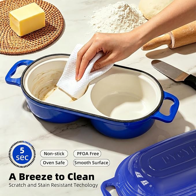 Dutch Oven For Sourdough Bread Baking – Enameled Cast Iron Dutch Oven Pot with Lid, Double Bread Loaf Pan – 500°F Oven Safe Non Stick Bread Pot for Homemade Bread, Meatloaf, Cake, Round Loaf Space, Even Heating–Dark Blue