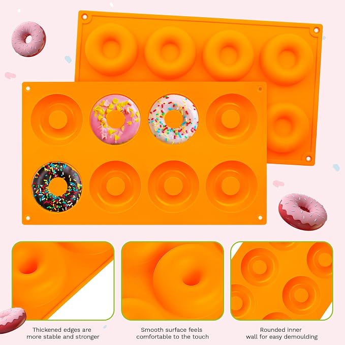 2er Pack Silicone Donut Mold - Non-Stick Silicone Doughnut Pan DIY Chocolate Baking Cookie Molds, Heat Resistant, Make Donut Cake Biscuit Bagels, BPA Free Dishwasher Safe (orange, 8 Cavities)
