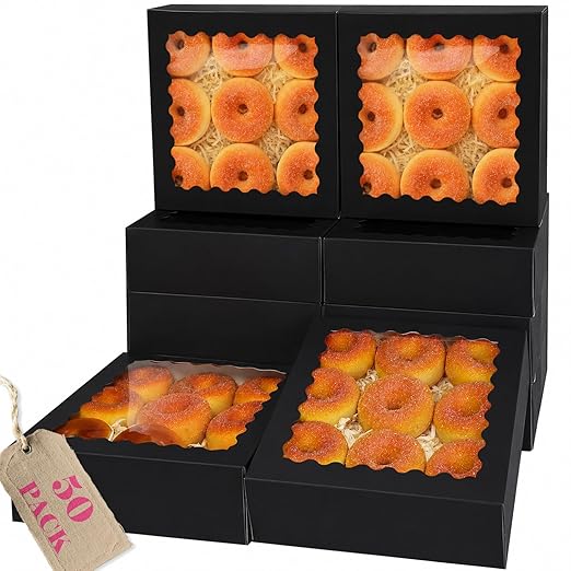 qiqee 10"x 10"x 2.5" Black Pie Boxes with Window 50Packs Cookie Donut Bakery Box (Auto-pop Up)
