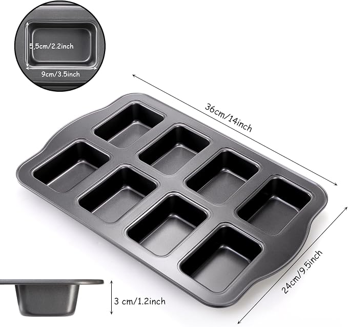 Lawei 2 Pack 8 Cavity Mini Loaf Pan, Non-Stick Small Bread Loaf Pans, Rectangle Carbon Steel Baking Loaf Pans for Corn Bread, Little Banana Breads, Cheesecake, Mini Brownie Pan