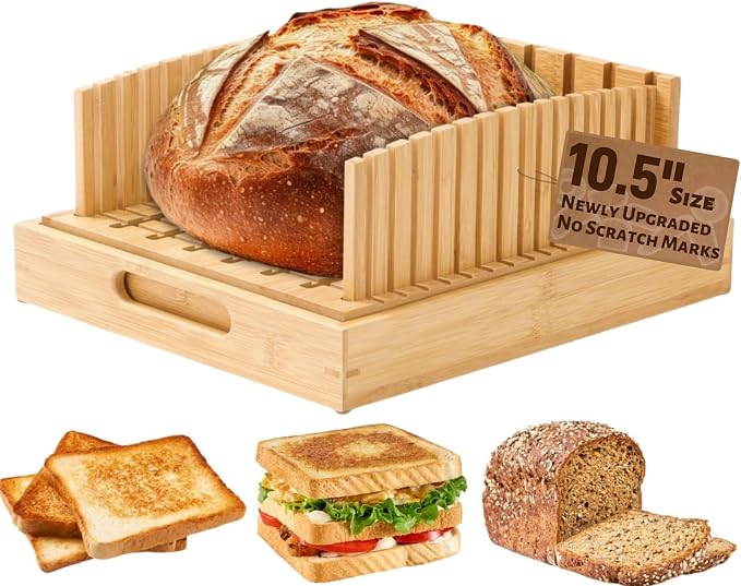 Bread Slicer for Homemade & Sourdough Loaves – 10.5″ Adjustable Bamboo Bread Cutter, Upgraded Scratch-Free Surface, Perfect for Artisan & Homemade Bread