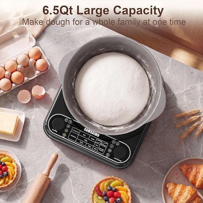 Electric Dough Maker with Ferment Function, 6.5QT Stand Dough Mixer, Dough Kneading Machine with 304 Stainless Steel Bowl, Removable Lid & Knob Control, Ideal for Bread, Pizza, Pasta - Onyx Black