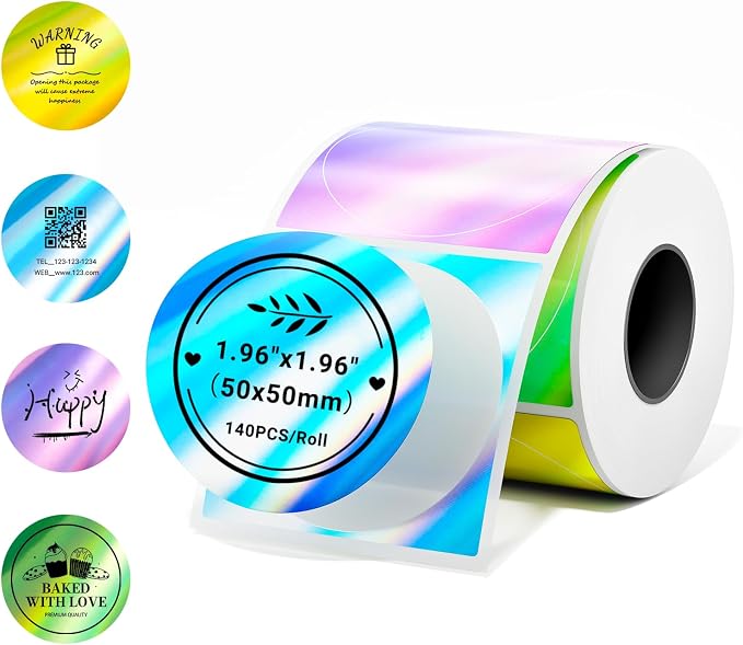 Phomemo 2 Inch Circle Thermal Labels,Holographic Thermal Stickers for M110/M100/M220/M108/M221 Label Makers, Self-Adhesive Thermal Paper for Logo, Candle, Baking,Canning, Small Business, 140pcs/Roll