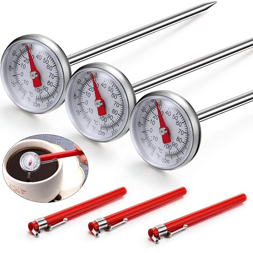 Frienda 3 Pcs Instant Read 1 Inch Dial Food Thermometer Pocket Kitchen Thermometer with 3 Pcs Calibration Sleeves for Meat Food Cooking Coffee Drinks Chocolate Milk Foam