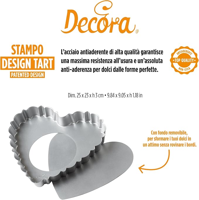 Decora 0075056 Nonstick Steel Fluted Heart Tart Pan 9.8 Inch x 9.1 Inch x 1.2 Inch High with Loose Removable Bottom, for Easy Demolding, Professional Design Registered, Patented