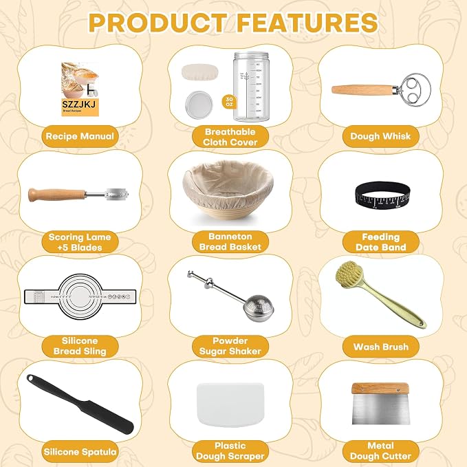 Sourdough Starter Kit, Sourdough Kit Include Banneton Proofing Basket, Sourdough Starter Jar, Bread Lame, Dough Scraper, Dough Whisk Scraper and Silicone Bread Sling