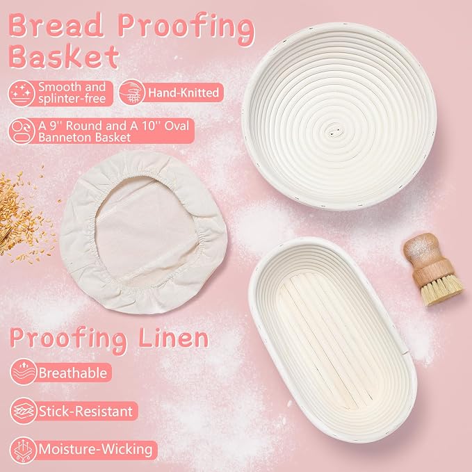 Sourdough Starter Kit, Sourdough Bread Baking Supplies with Banneton Bread Proofing Basket, Starter Jar, Sourdough Tools Kit, Bread Making Kit,Pink Baking Gifts for Women Mom Wife Love Baking