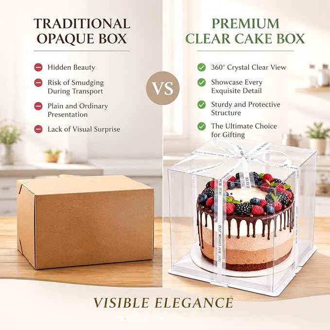8 Pcs 10x10x12Inch Clear Cake Box with Ribbon, High Cake Box for Bakery Dessert Bread Pastry Transparent Gift Boxes for Birthdays, Weddings and Holiday Parties