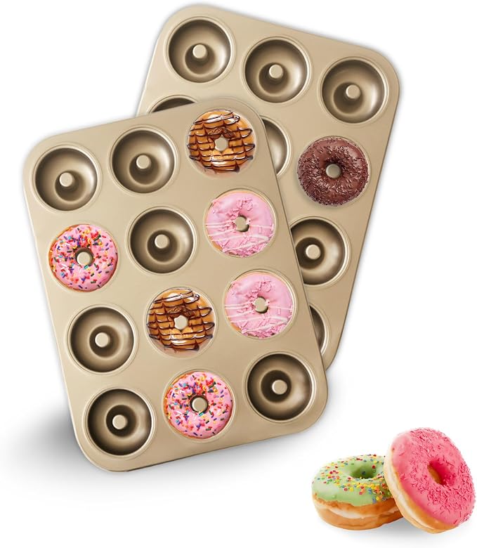 Donut Pans 2 Pack, Non-Stick 12-Cavity Donut Pan for Baking, Carbon Steel Doughnut Trays for Mini Bagels and Cake, Doughnut Bakeware Oven Baking (Gold)