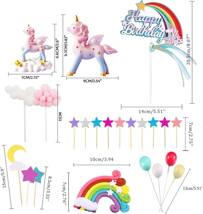 MOVINPE Unicorn Cake Topper, 2 Magic Unicorns Sculpture, 1 Rainbow, 1 Happy Birthday Banner, 2 Cloud, 4 Balloon, 12 Stars, 1 Moon, Cake Decoration For Girl Kid Women Birthday Party