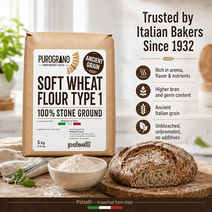 POLSELLI PuroGrano, 100% Stone Ground, Type 1 Soft Wheat Flour, 5 kg | Ancient Italian Grain For Sourdough Bread And Artisan Baking, Unbleached, Unbromated, No Additives, Product Of Italy.