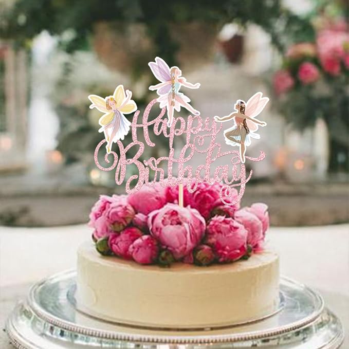 Rsstarxi 1 Pack Fairy Happy Birthday Cake Topper Glitter Garden Floral Fairies Cake Pick for Fairy Theme Happy Birthday Baby Shower Party Cake Decorations Supplies Pink