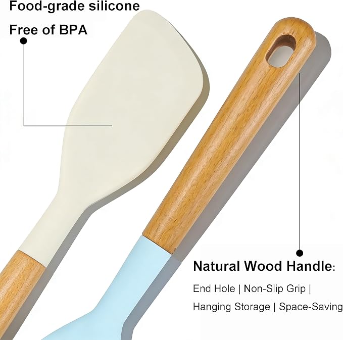 2PCS Heat Resistant Silicone Spatula Set, Silicone Spatula Wooden Handle, Rubber Spatula for Baking, Losing Weight Meal & Salad, Versatile Kitchen Tool, Mixing, Frosting, Heat Resistant 600°F