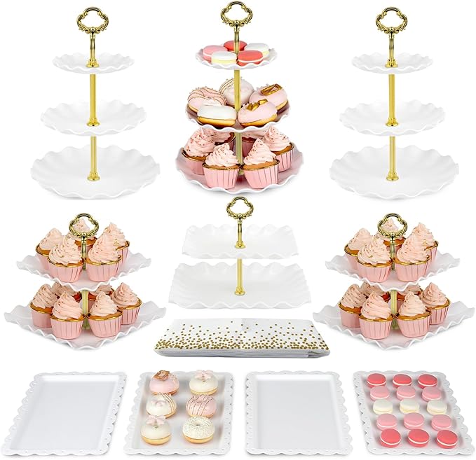 Pack of 11 NWK Cake Stand Set, with 3 x Two-Tier and 3 x Three-Tier Cupcake Stands, 4 x Appetizer Trays, 1 x Tablecloth for Birthday Bridal Baby Shower Party (Gold)