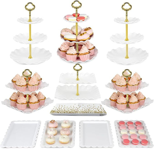 Pack of 11 NWK Cake Stand Set, with 3 x Two-Tier and 3 x Three-Tier Cupcake Stands, 4 x Appetizer Trays, 1 x Tablecloth for Birthday Bridal Baby Shower Party (Gold)