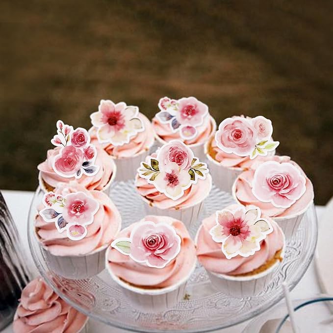 40Pcs Edible Pink Flowers Blossom Cupcake Toppers Spring Flower Edible Cupcake Toppers Floral Drink Topper for Spring Baby Shower Floral Wedding Girls Birthday Mother's Day Cupcake Decorations