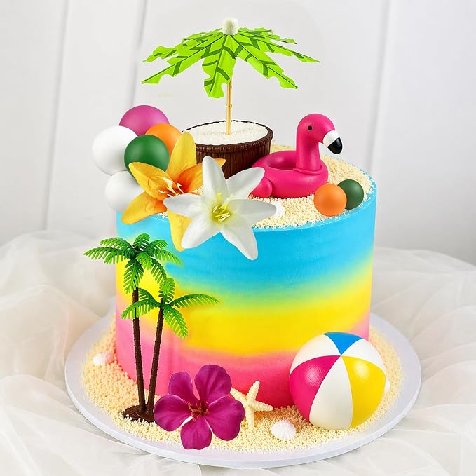 20 PCS Hawaiian Beach Cake Decorations Set Summer Tropical Cake Topper with Flamingo Rainbow Coconut Tree for Hawaiian Party Beach Theme Party Decor