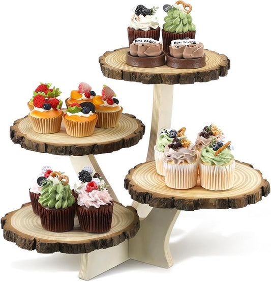 Chunful 4 Tier Round Natural Wood Cupcake Dessert Stand, Cup Cake Tower Stand Holder, Wooden Cake Display Tiered Centerpiece for Party, Birthday, Wedding, Baby Shower, Holiday Decoration