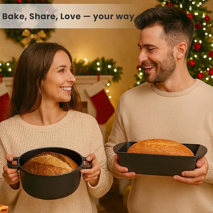 QuliMetal Cast Iron Dutch Oven for Sourdough Bread, 5QT & 3.2QT Loaf Pan with Lid Pre-Seasoned Bread Oven with Sourdough Bread-Baking Supplies, Crispy Crust Artisan Bread Baking Set for Home Bakers