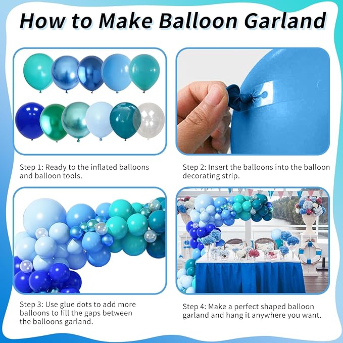 Blue Balloon Garland Arch Kit, 112 Pcs Pastel Baby Light Blue Royal Blue Slate Teal Blue Turquoise Metallic Green Under the Sea Balloon Arch Kit for Boys Ocean Birthday Baby Shower Party Decorations