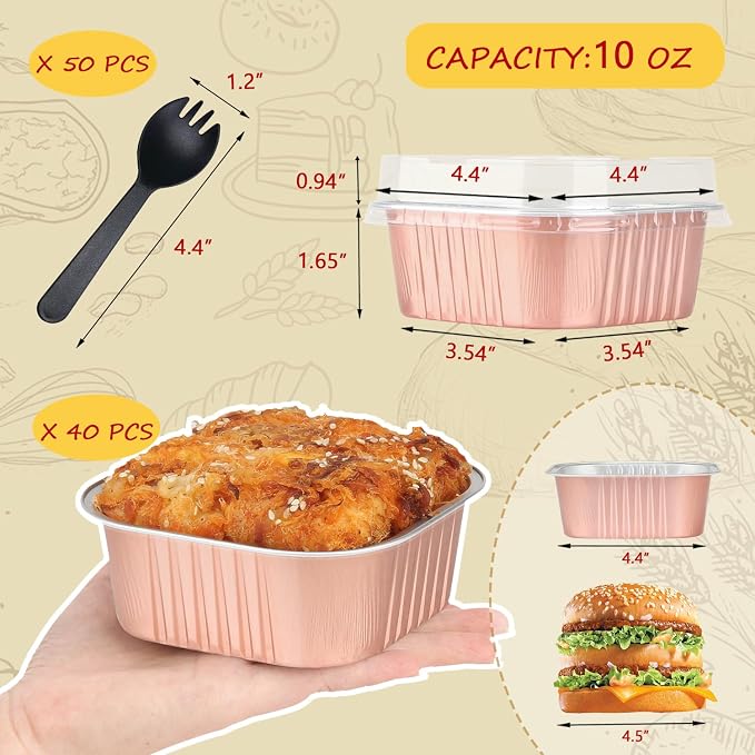 LNYZQUS Mini Cake Pans with Lids and Spoons,10oz Disposable Small Foil Baking Tins,40 Pack Individual Cake Containers for Home Bakers Bake Sales-Champagne,4x4 Square