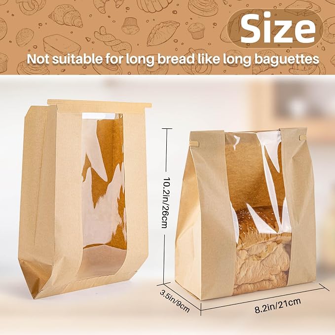 MAQIHAN 100Pcs Bread Bags with Reusable Ties - Homemade Sourdough Bread Storage Bags Brown Paper Bagel Loaf Bakery Bags with Window Toast Bags with Resealable Tie Disposable Baked Goods Sale Packaging