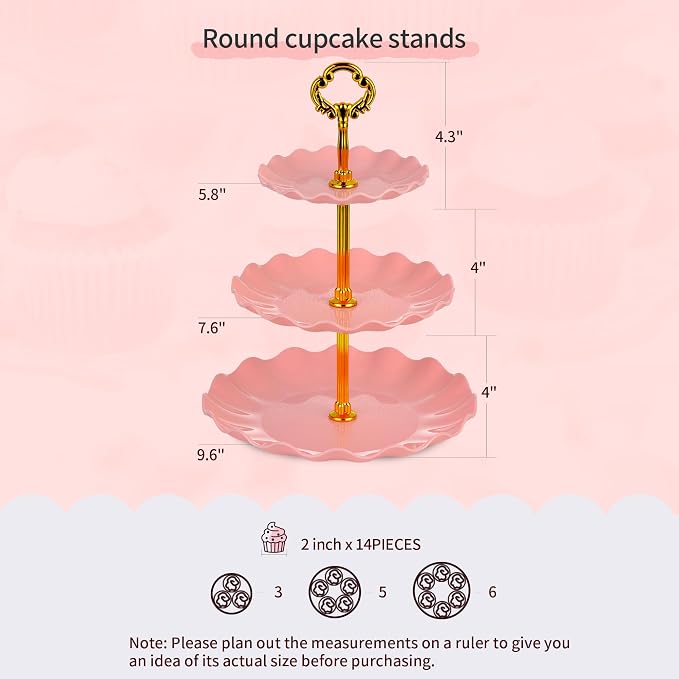 Pack of 11 NWK Cake Stand Set, with 3 x Two-Tier and 3 x Three-Tier Cupcake Stands, 4 x Appetizer Trays, 1 x Tablecloth for Birthday Bridal Baby Shower Party (Pink)