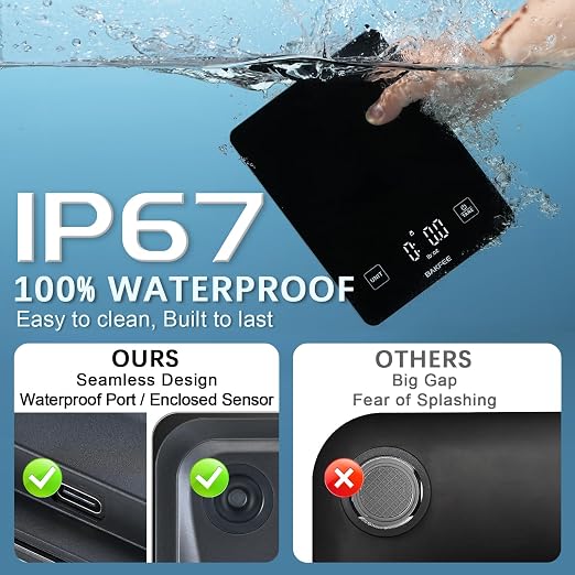 100% Waterproof Food Scale, IP67 Digital Kitchen Scale, Rechargeable (USB-C), 1g/0.1oz Precision, 22lb Capacity, Tempered Glass, LED Display, for Baking, Cooking, Making Sourdough Bread, Black
