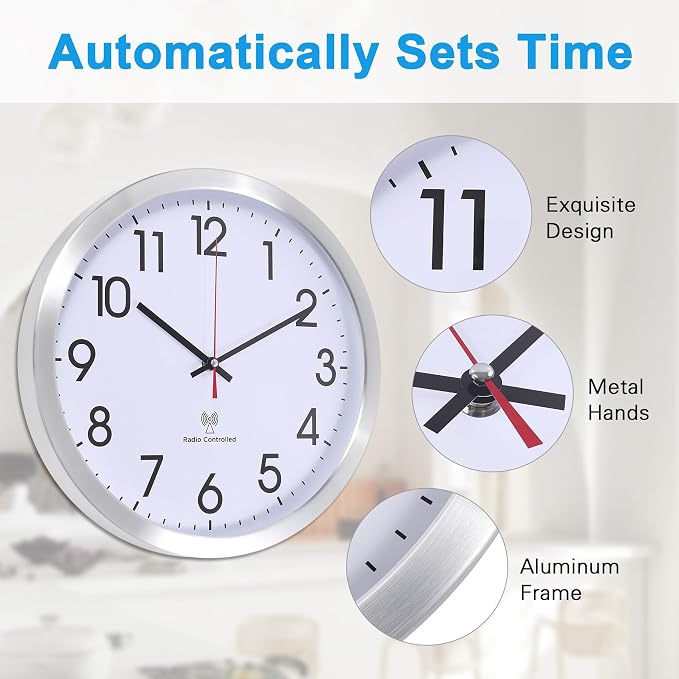 Atomic Analog Wall Clock, 14Inch Radio Controlled Sets Automatically Wall Clock, Aluminum Frame WallClock for Home School Office