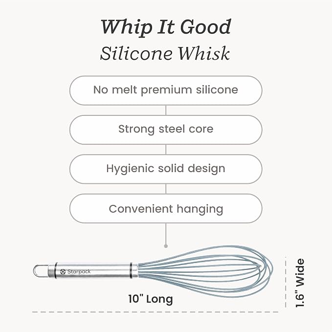 Starpack 'Whip it Good' Silicone Whisk for Nonstick Cookware - Non Scratch, 9.8" Whisk Heat Resistant 600°F - Kitchen Whisks for Cooking, Baking & Stirring - Silicone Coated Durable Rubber Egg Whisks
