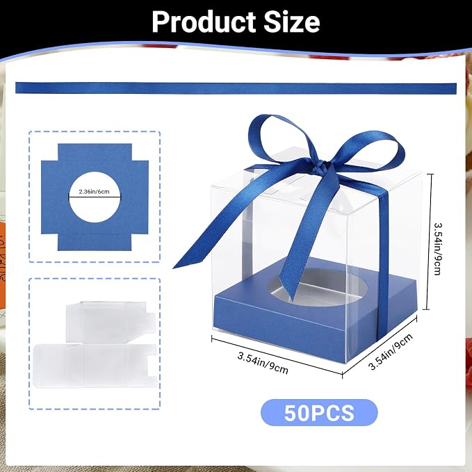 EUSOAR Cupcake Boxes Individual, 50 Pcs 3.5 Inch Clear Plastic Cupcake Container Box Individual with Inserts and Ribbon, Transparent Pastry Wrappers Clear Muffin Gift Holder Wedding Favor Bakery Decor