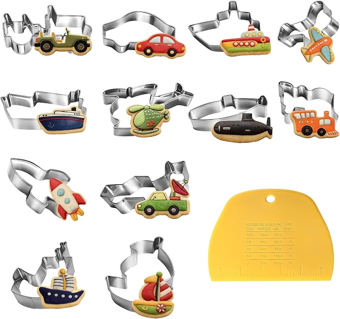 Airplane Cookie Cutter Set - 12Pcs Mini Cookie Cutters Variety Pack with Dough Scraper, Cars, Rocket and Boats Stainless Steel Cookie Mold for Biscuits, Fondant