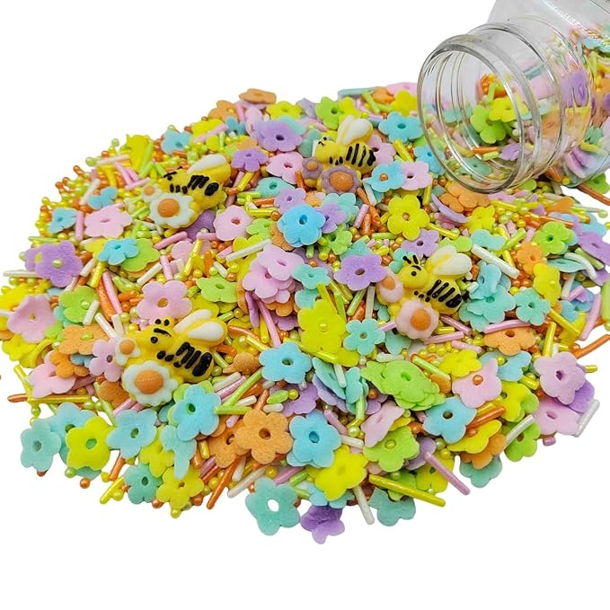 Edible Flower Sprinkles, Spring Colorful Sprinkles for Cake Decorating, Easter Sprinkle with Bees jimmies Pearls for Baking Cookie, Cupcake Toppers, Ice Cream Topping, and Birthday Decorations
